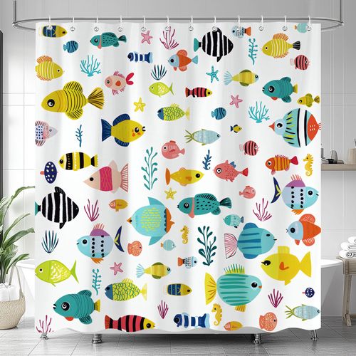 Funny Kids Shower Curtain, Cute Colorful Cartoon Fish Ocean Beach Theme Bath Curtains for Bathroom, Underwater Coastal Submarine Animal Decor Waterproof Fabric Shower Curtain Sets 12 Hooks 72X72 IN