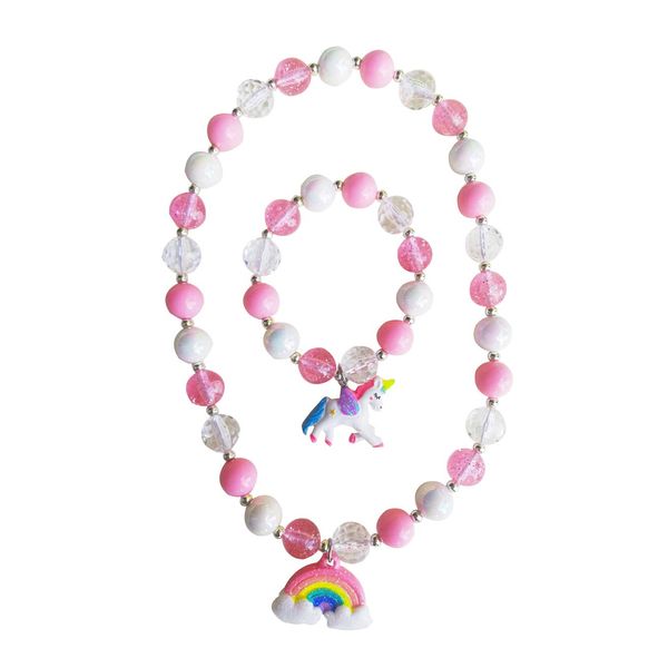 Lovely H Stone Little Kids Unicorn Jewelry Set,Girls Rainbow Necklace Unicorn Bracelet Girl Party Favor Pretend Play Children's Jewelry Set (Pink)