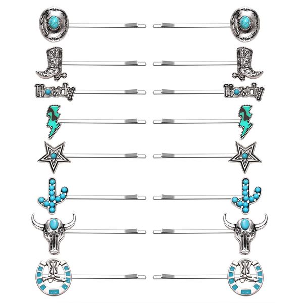 16Pcs Western Turquoise Hair Pins Southwestern Country Cowgirl Bobby Pins Cowboy Hat Boot Cactus Star Lightning Hair Clips Barrettes Boho Women Girl Decorative Bobby Pin Hair Accessories (16 pcs