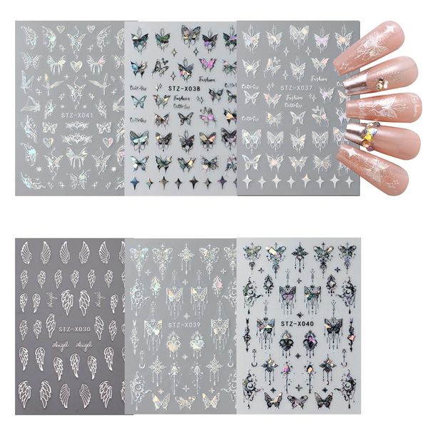 6 Fogli Adesivi a Farfalla per Nail Art, Decalcomanie a Farfalla Autoadesive per Unghie, 3 Disegni Adesivi Decorazioni per Manicure, Adesivo Tatuaggi a Farfalla per Unghie, Butterfly Nail Art Stickers