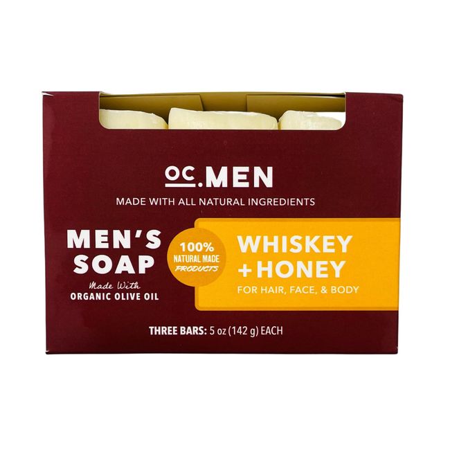 OC MEN Soap Set 3 pack Whiskey and Honey for Hair Face and Body, 100% Natural Made Products, Made with Oragnic Olive Oil, Made in the USA