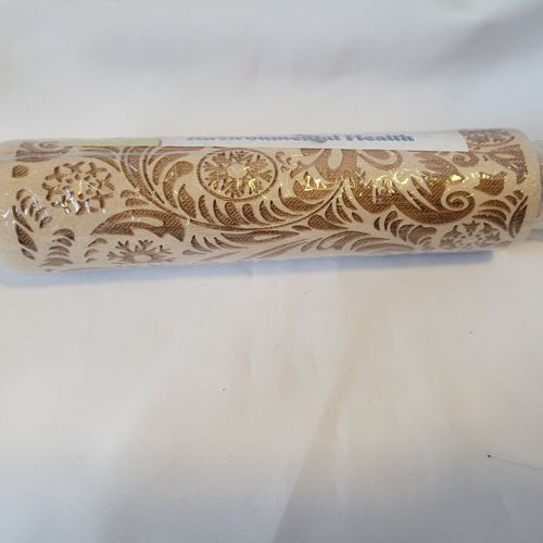 Natural Wood Rolling Pin Engraved Embossing Floral Pattern Biscuit Baking 14"