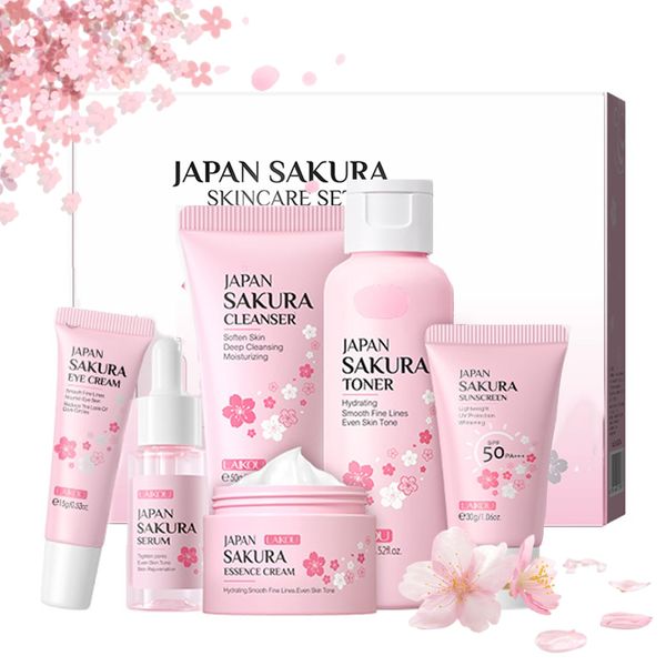 Sakura Skincare Set, Hautpflege für Teenager-Mädchen und Frauen, Sanfte and Glow Skin Beauty Geschenkset, 6-tlg Gesichtspflege Set - Reinigung Toner Gesichtscreme Serum Augenserum Sunscreen