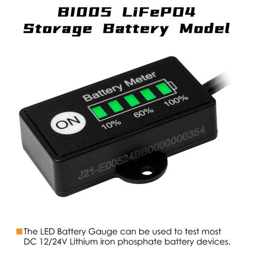 Jayron Mini LED Battery Indicator for 12/24V DC Equipment - Battery Fuel Gauge, LiFePO4 Storage Battery, 5-Column LED Chart, IP65 Waterproof, CE, RoHS