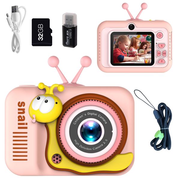 Kids Camera Toddler Digital Camera for Ages 3 4 5 6 7 8 9 Years Old Boys Girls, Christmas Birthday Gifts, Kids Digital Camera Toys for Birthday Gifts, Selfie Camera for Childrens (Pink Snail)