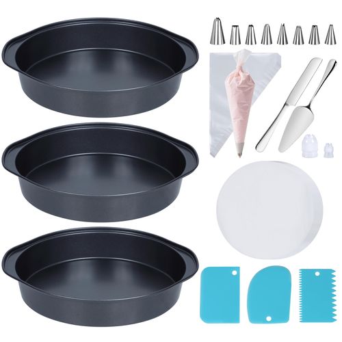 Hunnycook Cake Pan Set - 138 Piece 8-inch Round Cake Pans, Carbon Steel Cake Pan with Handles, Cake Decorating Kit with Parchment Papers, Piping Bag and More Accessories