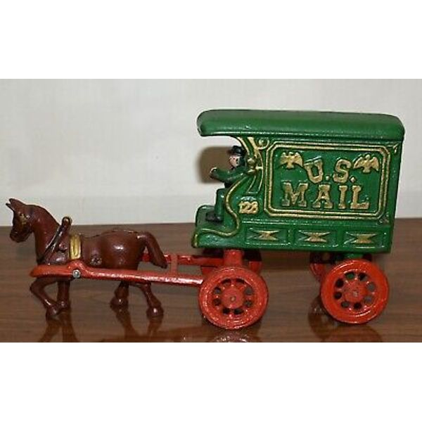 Antique Cast Iron Toy Horse Drawn Wagon w Rider Large 128 US Mail Hubbly 11.5 in