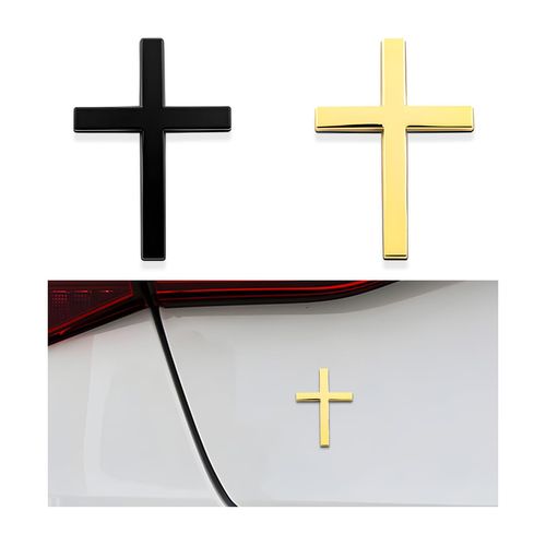 DXNQ 2PCS Metal Jesus Christ Cross Badge Stickers, 2.5"×1.8" Alloy 3D Individual Car Cross Sticker, Self Adhesive Scratch Covering Metal Cross Auto Emblem Decal for Car Body Fender Tail (Black+Golden)