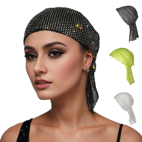 Munyee Hua Rave Rhinestone Head Scarf Sparkly Hijab Cap for Women Bling Diamond Headpiece Headband Elastic Party Dress Turban Hat Crystal Mesh Cap Vintage Hair Snood Nets (Black)