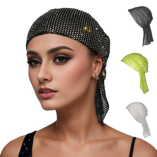 Munyee Hua Rave Rhinestone Head Scarf Sparkly Hijab Cap for Women Bling Diamond Headpiece Headband Elastic Party Dress Turban Hat Crystal Mesh Cap Vintage Hair Snood Nets (Black)