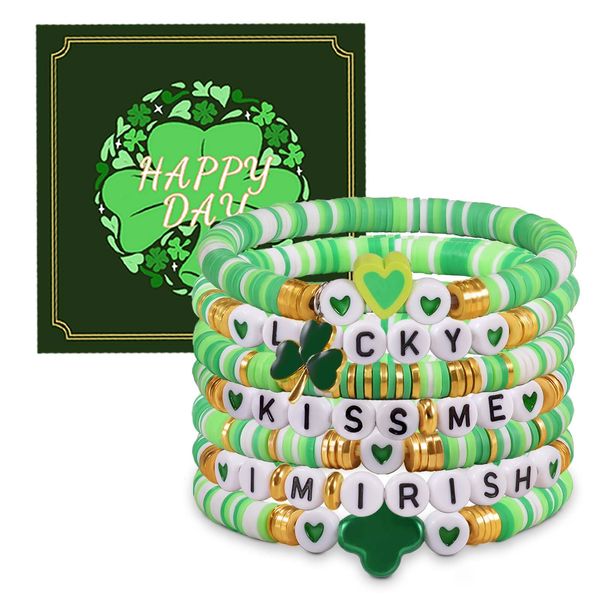 QianSiLi St Patricks Day Accessories, St Patrick's Day Lucky Clover Bracelet, St Patricks Day Gifts for Kids Women -Shamrock Charm Bracelets For Irish Festival, Stretchable, 7 PCS (7)