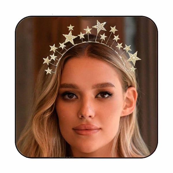 CAKURE Stars Halo Crown Gold Crystal Headband Goddess Bridal Tiara and Crowns Rhinestones Tiara Headpiece Party Wedding Hair Accessories for Women and Girls