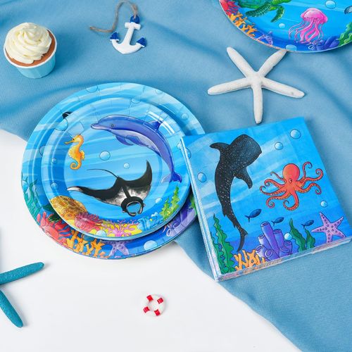 WERNNSAI Under the Sea Party Supplies - 64PCS Ocean Birthday Party Plates Napkins Forks for Kids Boys Sea Animal Party Supplies Disposable Tableware Set Underwater Party Decorations Serves 16 Guests