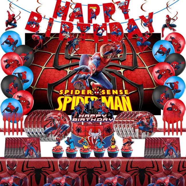 Spider Birthday Decorations, Superhero Spider Party Supplis include Plates Napkins Tablecloth Hanging Swirls Garland for Banner, Kids Birthday Party Supplies