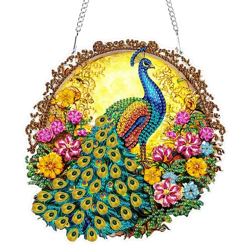 Hanging Diamond Art Kits for Adults Beginners, Peacock Flower Diamond Painting Pendant Kit, DIY Acrylic 5D Special Shaped Crystal Diamond Gem Art Painting Hanging Ornament for Home Wall Decor