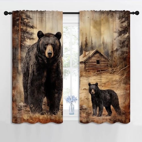 PYMATYTN Black Bear Blackout Curtains for Boys Girl Bedroom Decor,Retro Cabin Coniferous Forest Wildlife Thermal Insulated Rod Pocket Drapes Darkening Window Curtain for Living Room Home 42x45 inch