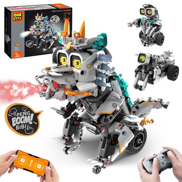 STEM Building Toys for Kids 6-14, Remote & APP Controlled 3in1 STEM Dinosaur Motorcycle Robot Building Kit for Kid with Music Spray, 646 Pcs Building Blocks Set Birthday Xmas Gift Ideas for Boys Girls