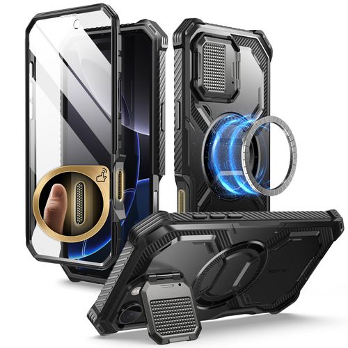 i-Blason Armorbox for iPhone 16 Pro Max Case MagSafe [Camera Control Button Cover] [Camera Cover Stand] [Military Protection] Full-Body Magnetic Phone Case with Built-in Screen Protector, Black