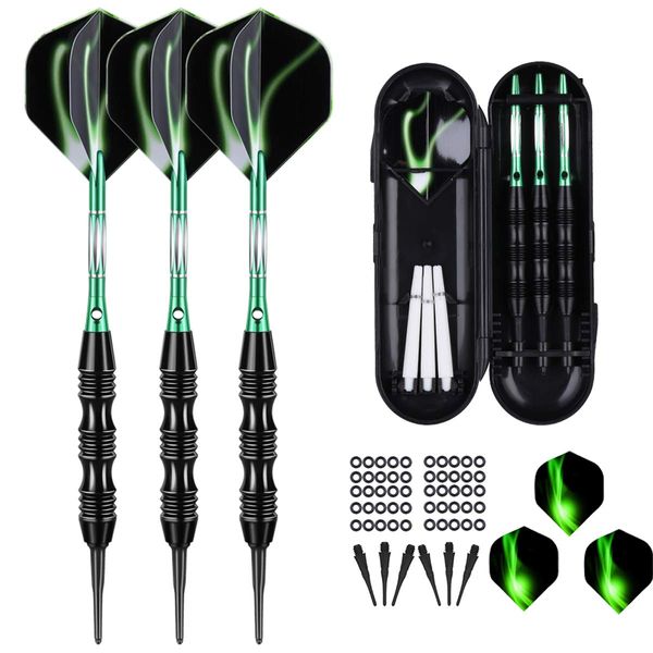 sanfeng Professional Soft Tip Darts Set 20 Grams W/ 50 O-Rings- 30 Darts Plastic Tip + Green Aluminum Shafts + 6 Standard Flights + Portable Case for Electronic Dart Board