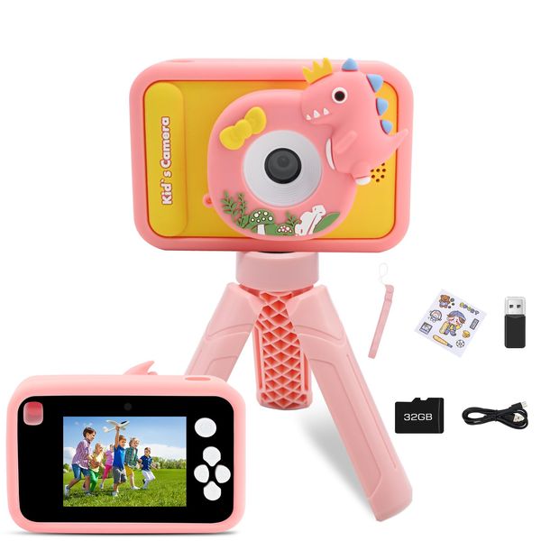 Upgrade Kids Camera with Tripod for Girls Boys Age 3-10, 1080P 48MP Video Digital Toddler Cameras Toy for 3 4 5 6 7 8 Years Old Children Christmas Birthday Gifts with 32G SD Card (Pink)