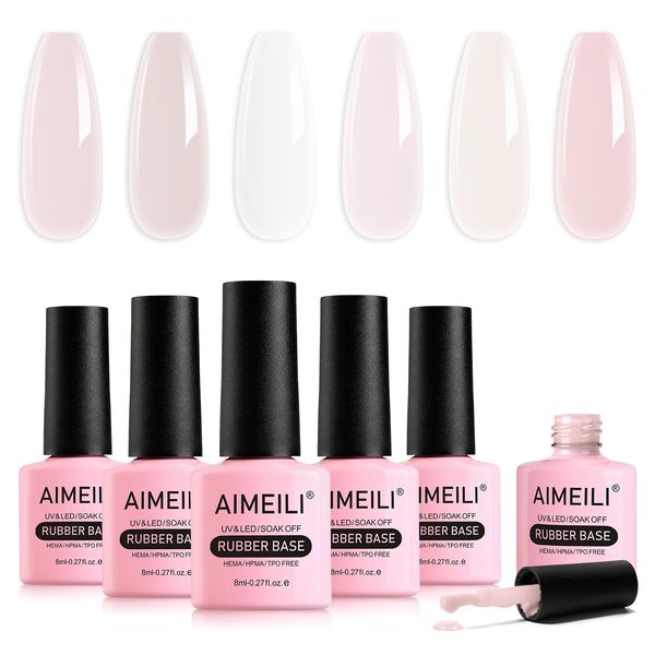 AIMEILI 5 in 1 Rubber Base Gel Set For Nails, 6pcs Sheer Pink Nude Color Gel Nail Polish UV LED Soak Off, Elastic Nail Strengthener Long Lasting 8ml - Gift Kit 44