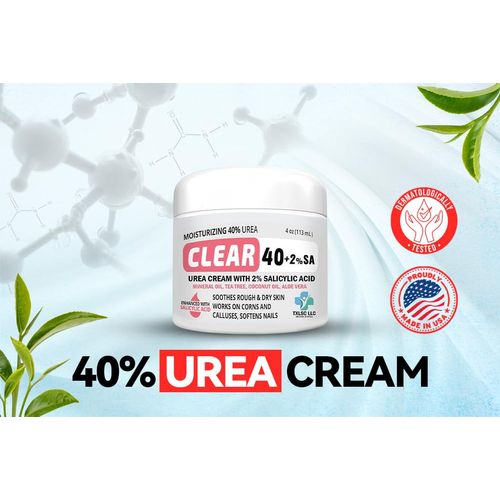 CLEAR Urea Cream 40 Percent Plus 2% Salicylic Acid (4oz) Made in USA | Urea Foot & Hand Cream Softens Cracked Heels & Dry Skin with Tea Tree & Coconut Oil - Callus & Corn Treatment