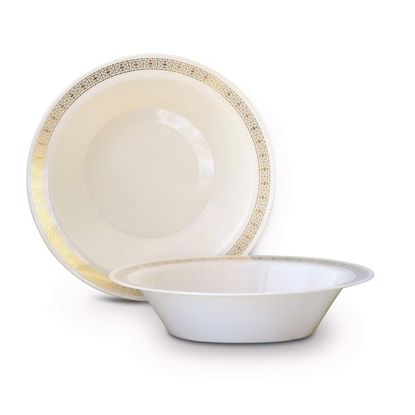 " OCCASIONS" 40 Piece Plates Pack, Heavyweight Disposable Wedding Party Plastic Bowls (14oz Soup Bowl, Lace Ivory & Gold)