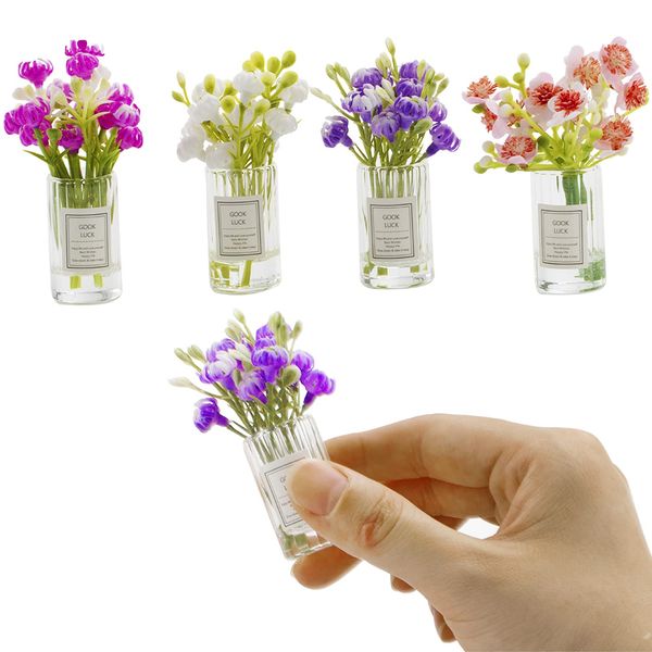 Miniature Flowers with Vase Dollhouse Glass Vase 1:6 Scale Mini Flower in Vase,Flower in Tall Glass Vase(Set of 4)