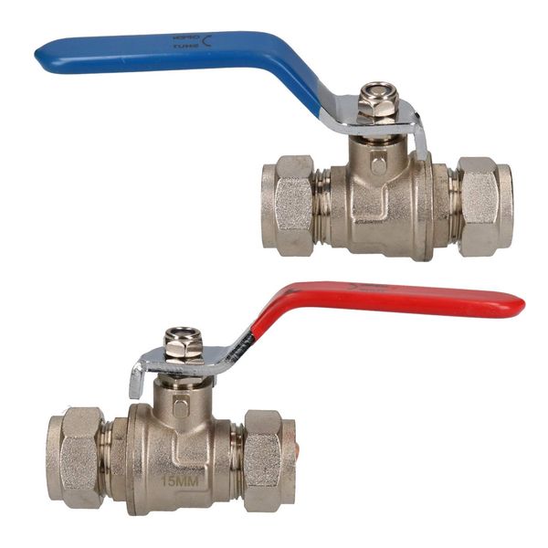 2pk 15mm Lever Ball Valve Blue & Red Handle Brass Compression Fitting Shut-Off