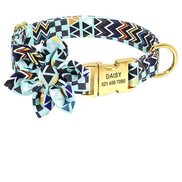 Customizable Floral Print Pet Collar With Engraved Id Tag - Personalized Dog And Cat Accessories - F / S