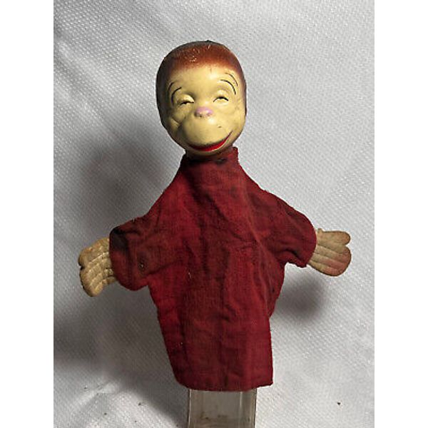 Vtg Composite Head Sleepy Monkey Hand Puppet Doll Red Felt Hands