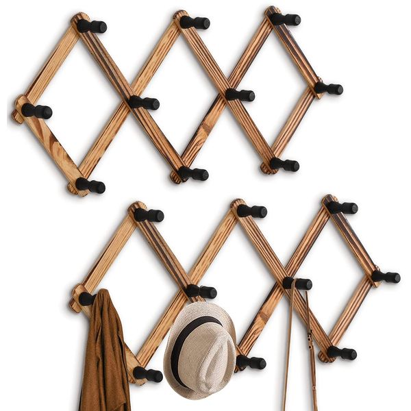 WGFKVAS 2 Pack Expandable Coat Rack, Accordion Wall Hangers, Wooden Hat Rack Wall Mounted, Hat Hooks for Keys, Hat, Coffee Mug, Coats, 10 Peg Hooks