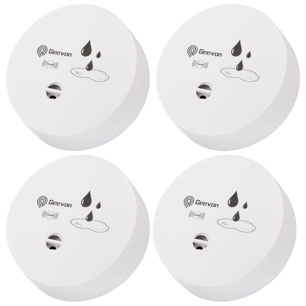 Geevon 4 Pack Water Leak Detectors, 100dB Water Sensor Alarms Flood Detector for Basements, Bathrooms, Laundry Rooms, Kitchens, Garages, and Attics, Water Alarms Battery-Operated (Battery Included)