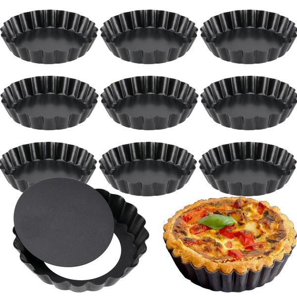 MOUYAT 10 Pack 10cm Round Quiche Dish, 4 Inch Non Stick Quiche Pan Tart Tin with Loose Bottom, Pie Tin Fluted Tart Pan for Baking, Quiches, Flans