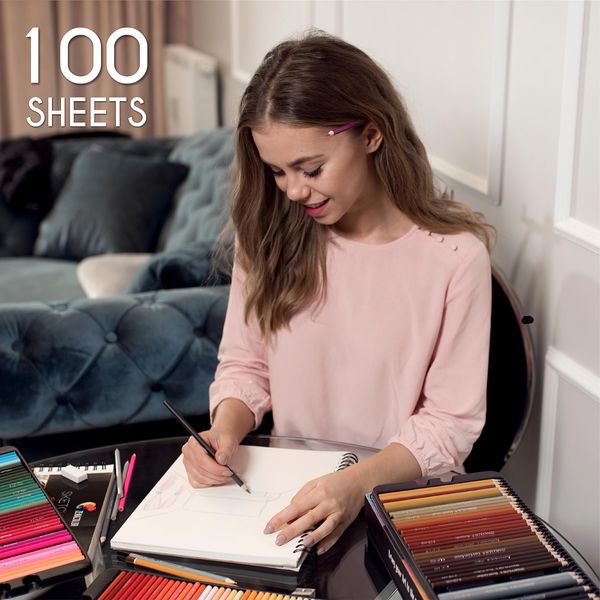 ZENACOLOR - Professional 100 Sheets Sketch Book 9"x12" with Spiral Bound and Hardback Cover - White Acid-Free Drawing Paper (100 g)