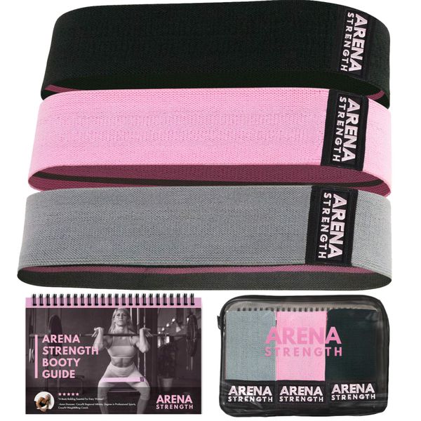 Arena Strength Fabric Booty Bands - Fabric Exercise Bands for Legs and Butt | Fabric Resistance Bands | Hip Resistance Bands Set of 3 with Workout Guide and Carry Case