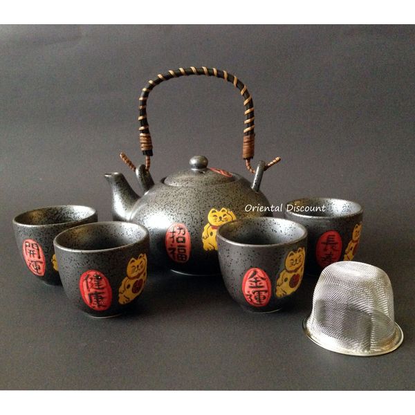 Japanese Ceramic Maneki Neko Lucky Cat Tea Set for Rich Health Fortune Longevity