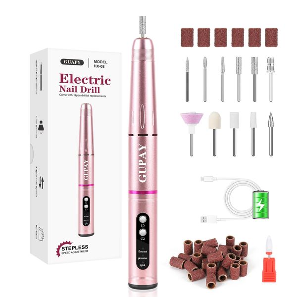 GUPAY Electric Nail Files, Cordless Rechargeable Nail Drill Machine for Natural Acrylic Gel Nails, Professional Portable Efile Manicure Pedicure Kit for Girl Women Mum Home Use Beginners