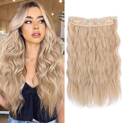 Halo Aphro Bonde Invisible Wire Hair Extensions with Elastic Wire Secret Hair Extensions with 4 Removable Clips 20 Inch Synthetic Long Wavy Fish Line Hairpieces for Women