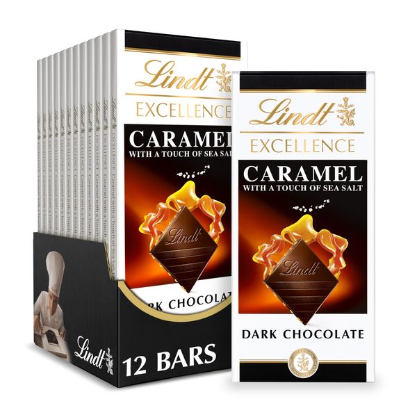 Lindt EXCELLENCE Caramel Sea Salt Dark Chocolate Bar, Dark Chocolate Candy with Pieces of Caramel and Sea Salt Crystals, 3.5 oz. (12 Pack)