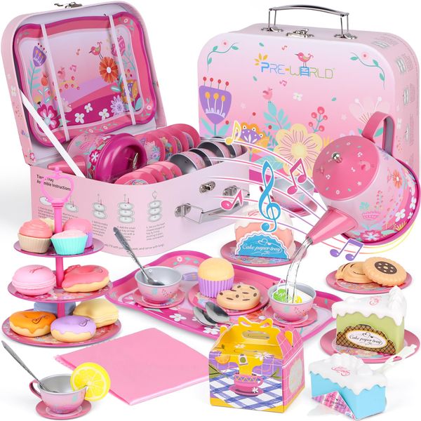 Tea Party Set for Toddles 3-5,PRE-WORLD Musical Kids Tea Set for Little Girls with Dessert,Cookies,Doughnut,Cake,Cake Stand,Tablecloth & Carrying Case,Kitchen Pretend Play Toys for Girls Boys Age 3-6