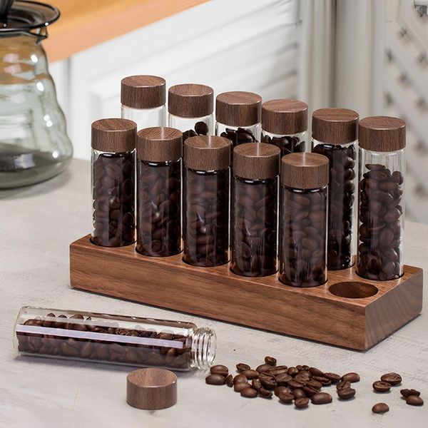 Foribyw 12Pcs Coffee Bean Storage Tubes with Wooden Stand Portable Single Dose Coffee Bean Container Sealed Empty Glass Vials with Lid for Coffee Bar