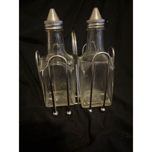 Tablecraft Glass 6 Oz Oil / Vinegar Cruet Set with S/S Tops and Rack