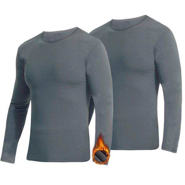 YUSHOW 2er Pack Thermounterhemd Herren Langarm Innenfleece Funktionsunterwäsche Thermo Shirt Rundhalsausschnitt Thermo-Unterwäsche Kompressionsshirt Warm Skiunterwäsche Männer Sport,Grau,XL