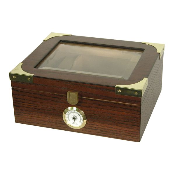 QUALITY IMPORTERS TRADING COMPANY Desktop Humidor, Capri Elegant, Tempered Glasstop, Spanish Cedar Divider, Brass Ring Glass Hygrometer, Holds 25 to 50 Cigars