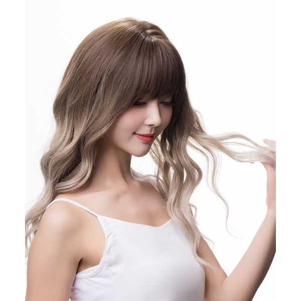 Wig, Long, Gradient Color, Full Wig, Highlight, Curly Hair, Loose and Fluffy, Unstructured, Balayage, Natural Wig, Wig, Semi-Long, Female Full Wig, Brown & Gold)