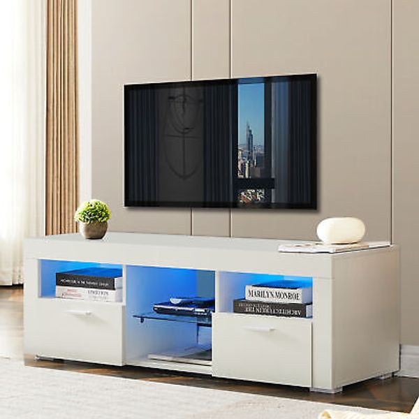 Morden TV Stand with LED Lights, White High Glossy Home Table Front TV Cabinet