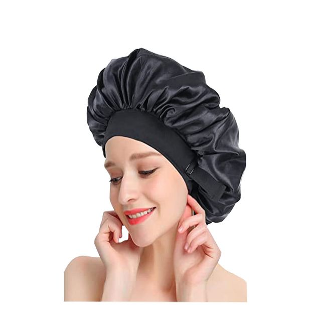 Silk Satin Hair Bonnet for Sleeping,Hair Wrap Adjustable Sleep Cap,Sleep Cap with Elastic Soft Band,Sleep Bonnet Silk Sleep Cap for Hair Curly Hair Sleeping Natural Hair (Black)