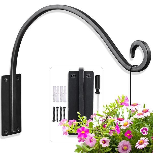 Qiang Ni Plant Hanger Bracket ｜ Hand-Forged Heavy Duty Plant Hooks (16"/Black) Durable and Stable Outdoor Plant Hanger， Hanging Plant Bracket