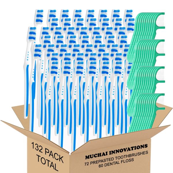 Prepasted Disposable Toothbrush Individually Wrapped Regular Size Head Soft Bristle Hygienic 72 & Oral Dental Floss Fresh Mint Toothpick 60 | Travel Camping Office School Supply Hotel Airbnb Gift